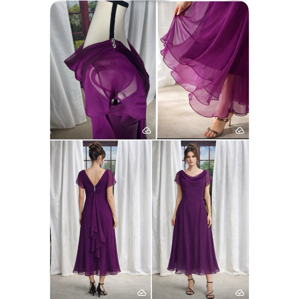 Vtg Gala Formal Chiffon Midi Dress 16 Cowl Neck Flutter Sleeve Classic elegance